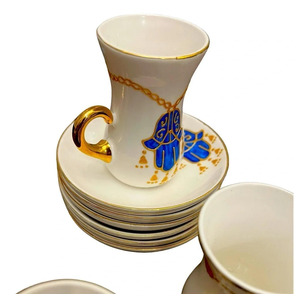 Shallow Ice - Hamsa design hand painted fine bone china tea/coffee cups set of 6